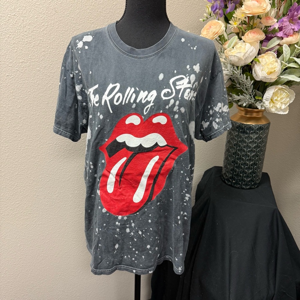 Rolling Stones Band Tee M Gray Bleached Graphic Rock Tour Shirt Unisex Vintage